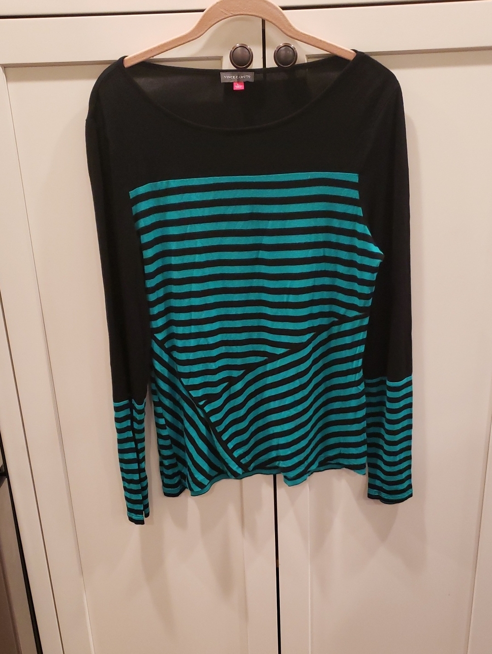 Vince Camuto Black & Teal Striped Long Sleeve Top - Boat Neck